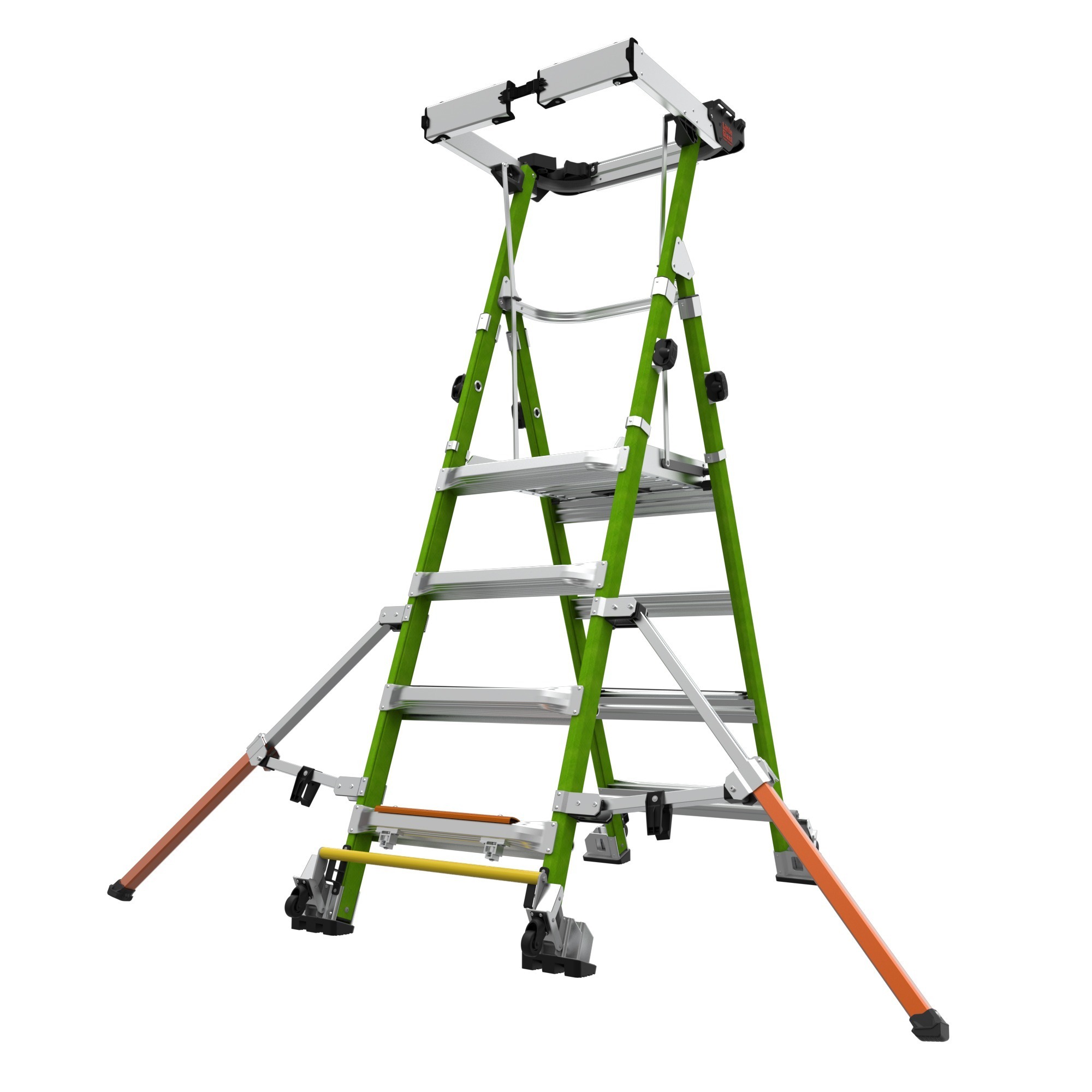 Little Giant Ladder, FORTRESS, Adjustable 4'-8' Model - ANSI Type IAA - 375 lb Rated, Fiberglass Platform Ladder with Adjustable Stabilizing Outriggers, GROUND CUE, Wraparound Enclosure, and Auto-Closing Gate, Model # 19314